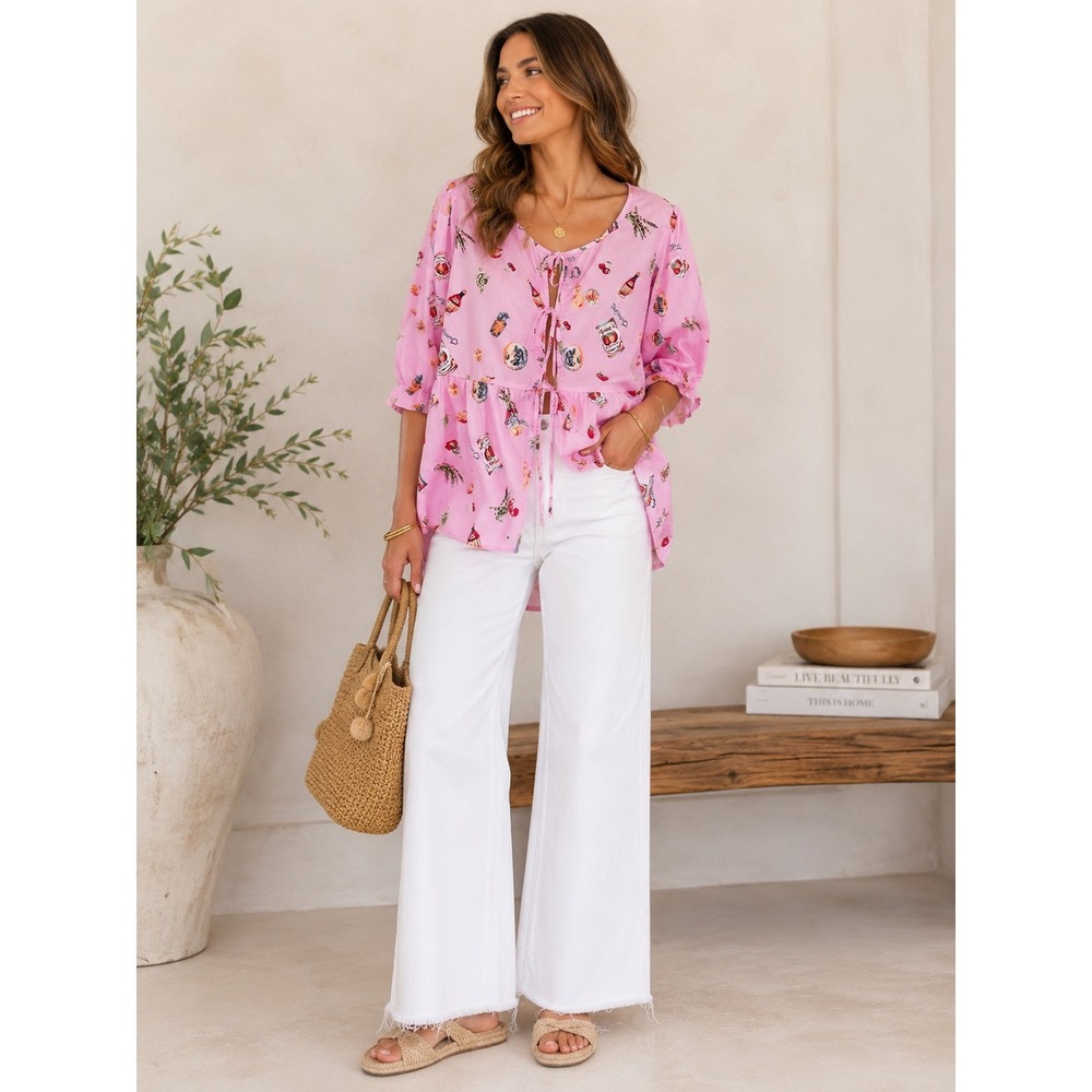 Haver + Blair tie printed babydoll top blouse Size M pink citrus bonjour cherry